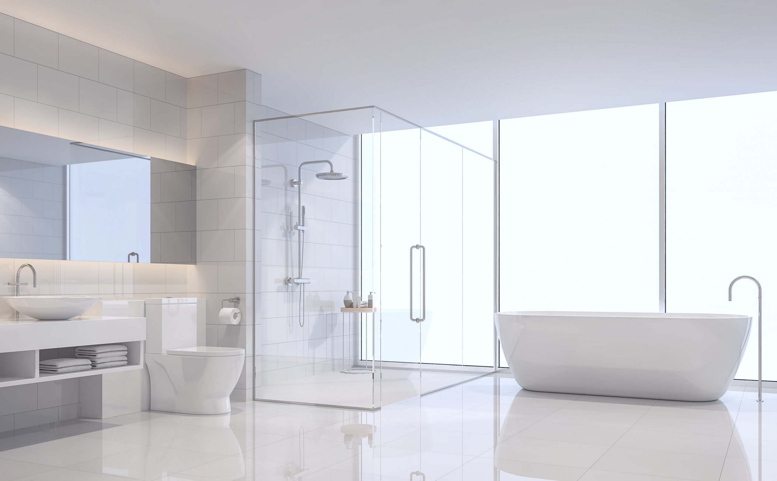 Modern white bathroom 3d rendering image. There are white tile wall and floor.The room has large windows. Looking out to see the scenery outside.